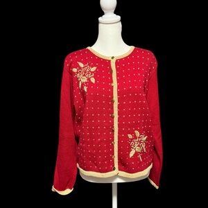 Dress Barn Red Cardigan with Gold Sparkle Floral Embroidery-M